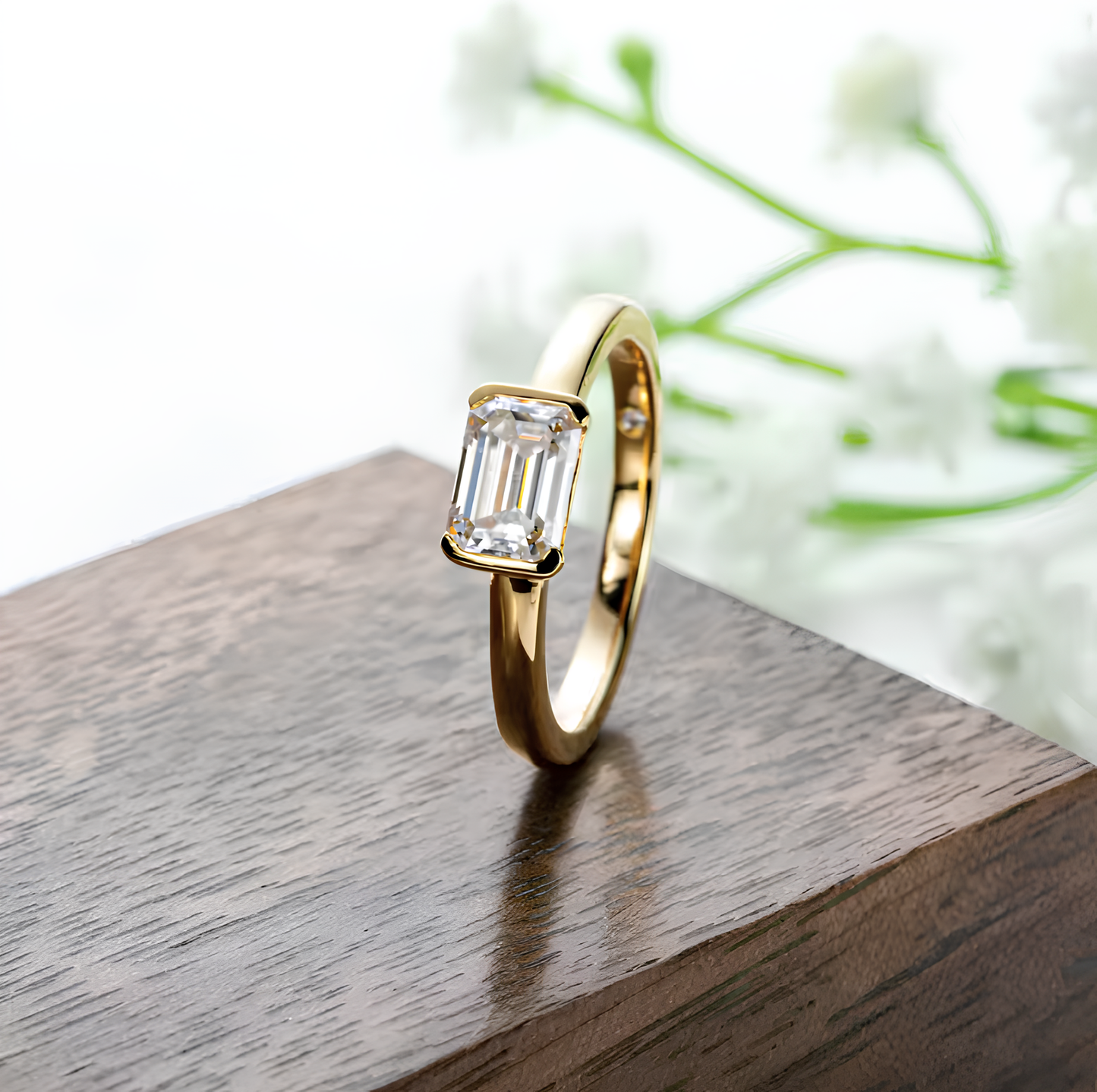 Soft Emerald Cut Bezel Set Gold Plated Ring