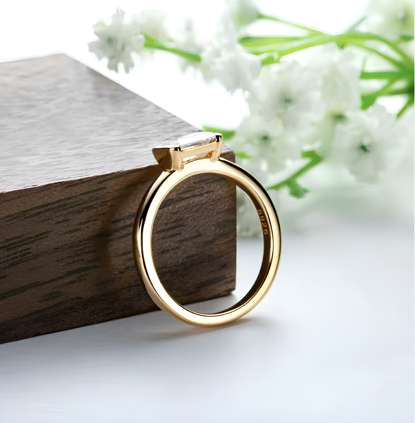 Soft Emerald Cut Bezel Set Gold Plated Ring