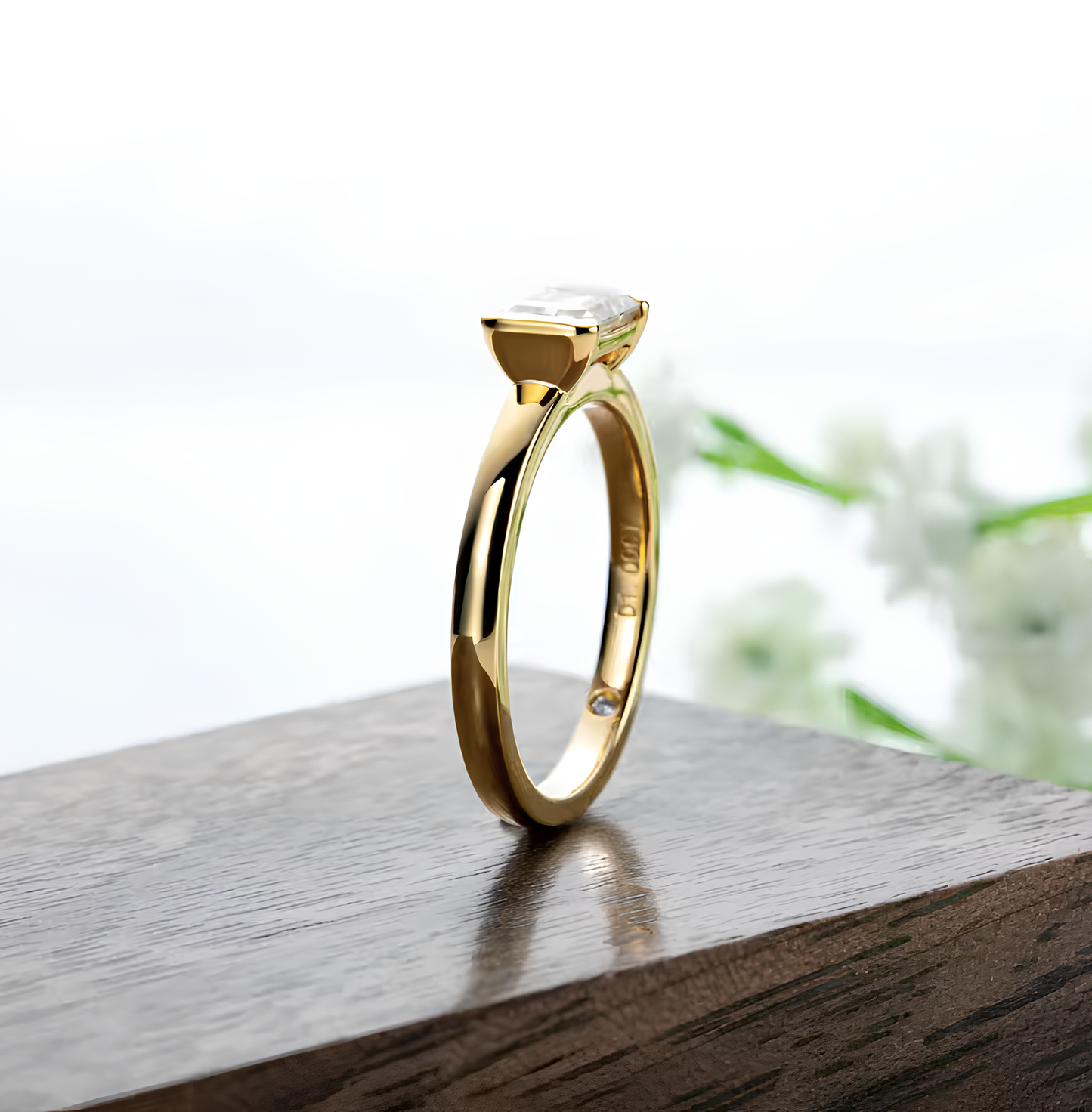 Soft Emerald Cut Bezel Set Gold Plated Ring