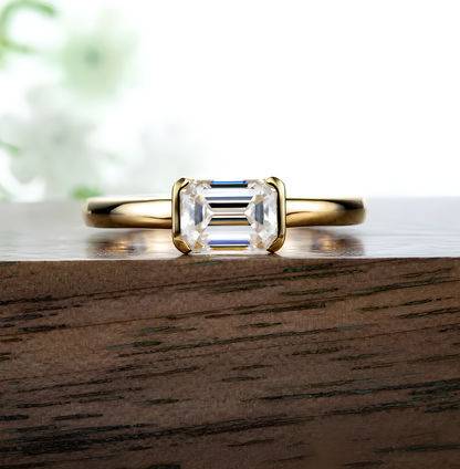 Soft Emerald Cut Bezel Set Gold Plated Ring