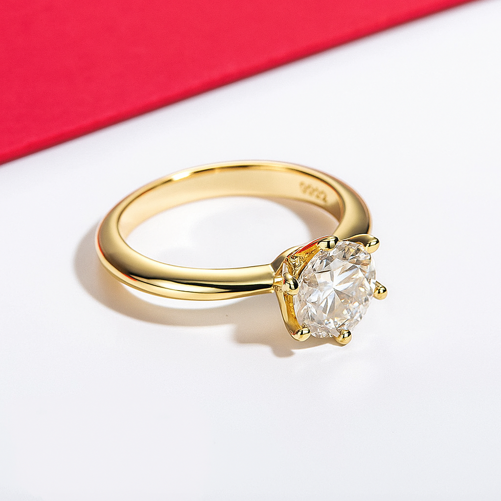Classic Brilliant Moissanite Solitaire Gold Plated Ring