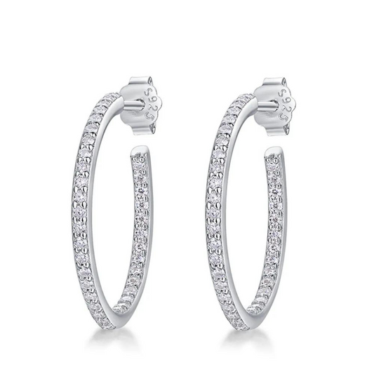 Brinco Argola Cravejado em Moissanites Folheado à Ouro Branco 18k - Loratta